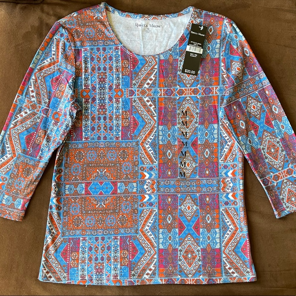 REBECCA MALONE ~ NEW! Southwest Patterned Blouse (Blue, Pink, Orange, White)